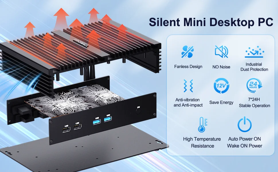 2025 HYSTOU كمبيوتر صغير 4*3.0 USB صندوق كمبيوتر مدمج بدون مروحة صناعي Win 7/Win10/Linux Graphic Intel HD 4400