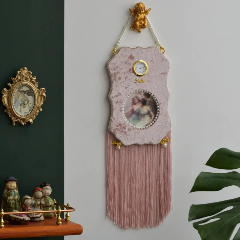 Living room bedroom wall decoration with European retro character decoration painting pink tassel embedded humidity meter