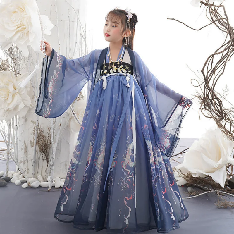 Novo vestido retrô chinês hanfu para meninas, vestido de imitação da dinastia tang para meninas