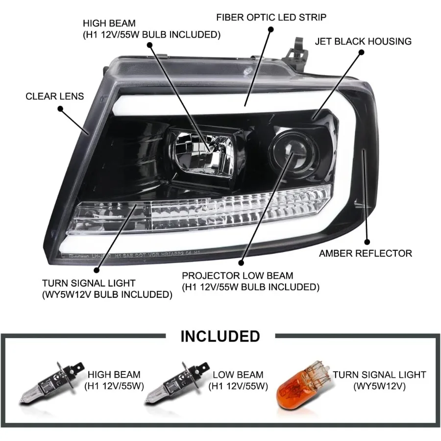 مصابيح أمامية لجهاز عرض أنبوبي LED باللون الأسود النفاث متوافقة مع 2004-2008 F150 2006-2008 لينكولن مارك LT زوج من المصابيح الأمامية اليسرى + اليمنى