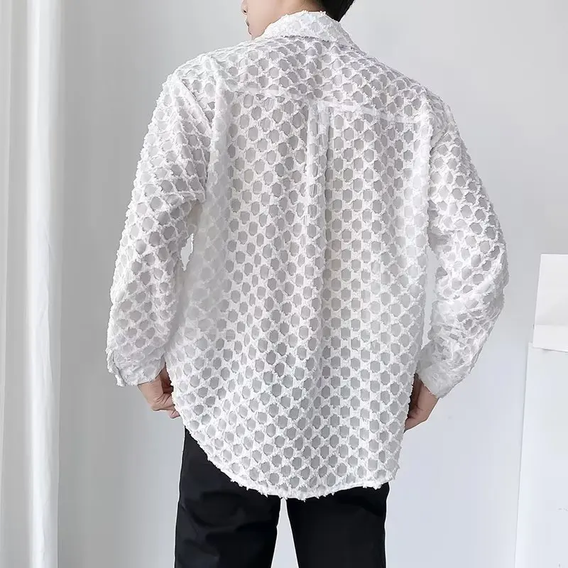 Mens White Checked Transparent Lace Shirt Casual Loose Fit See Through Mens Dress Shirts Party Club Sheer Blouse Chemise Homme