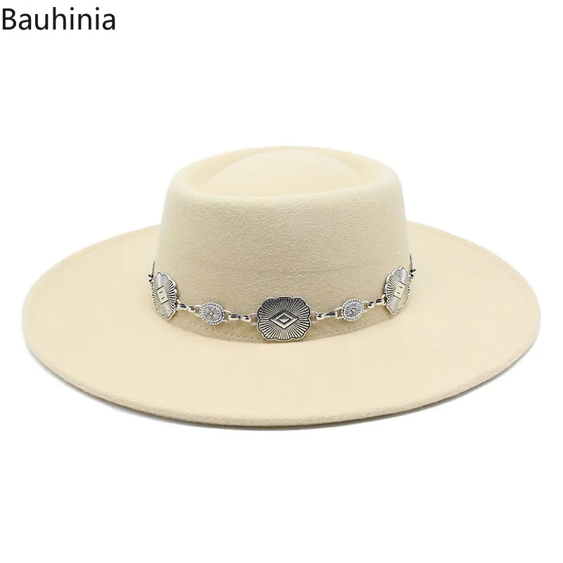 Bauhinia White Felt Fedoras Hat For Women 9.5cm Big Brim New Formal Church Wedding Cap Concave Flat Derby Hats