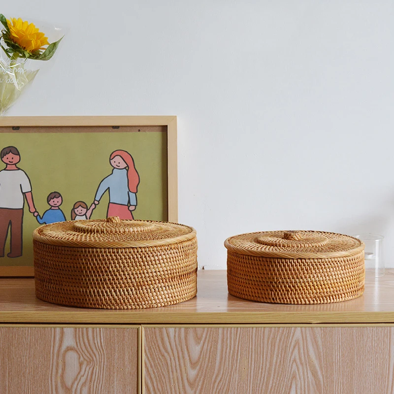 Rattan Storage Boxes with Lid Hand-woven Round Box Multi-Purpose Picnic Food Bread Fruit Table Storage Basket Home Office Decor