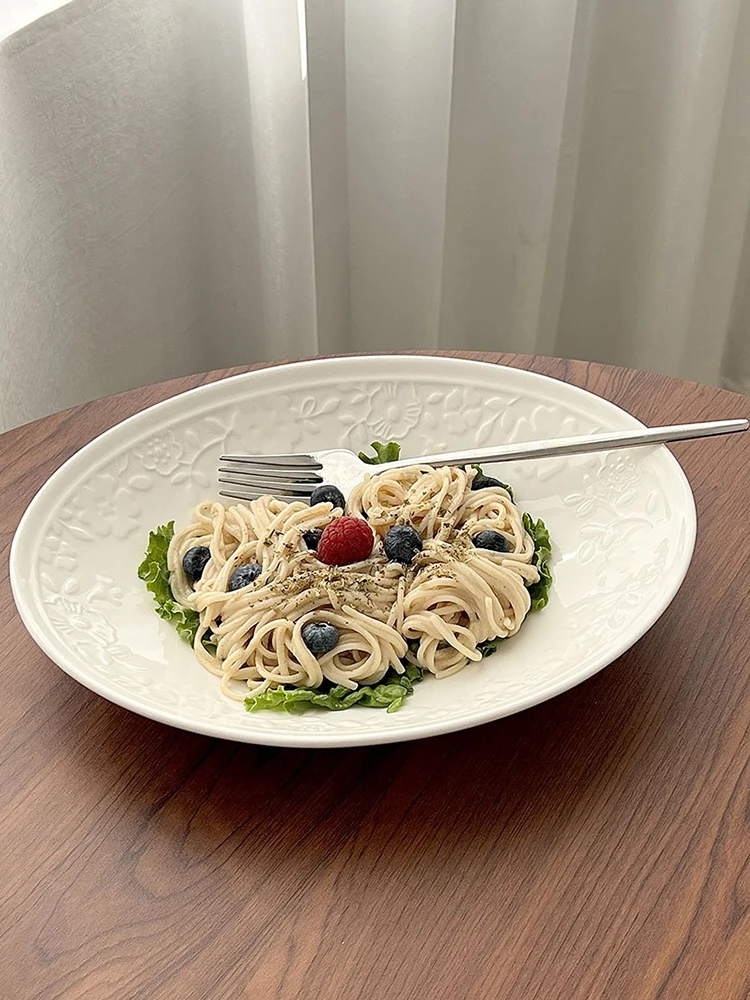 Embossed Oval White Plate Light Luxury Ceramic Deep Plate Salad Breakfast Plate Home Spaghetti Plate Kitchen Tableware