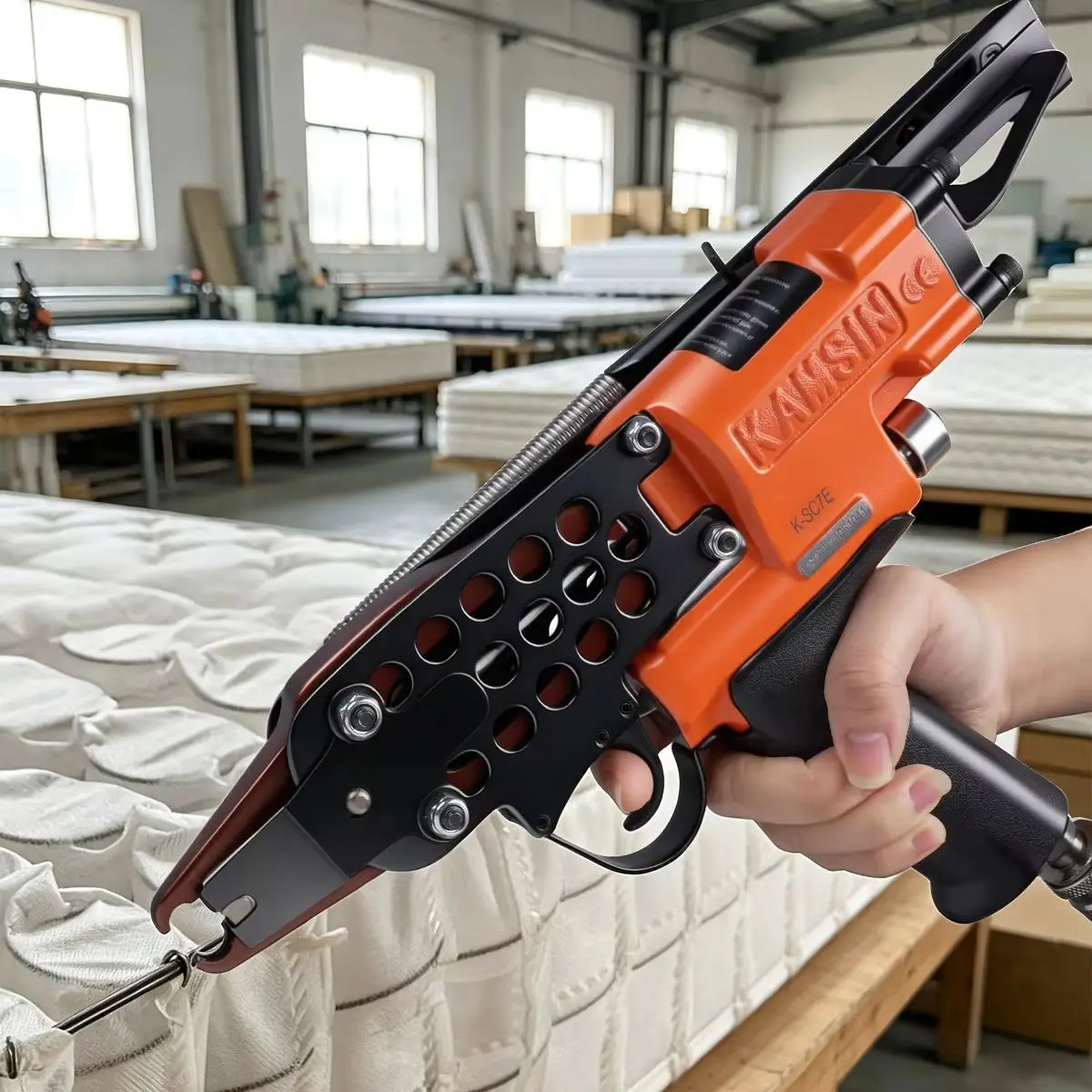 Kamsin K‑SC7E 15 Gauge Pneumatic Hog Ring Gun, Air C‑Ring Tool with 1000PCS SC7 Hog Ring Staples for Bird Cage Fence Wire Mesh A