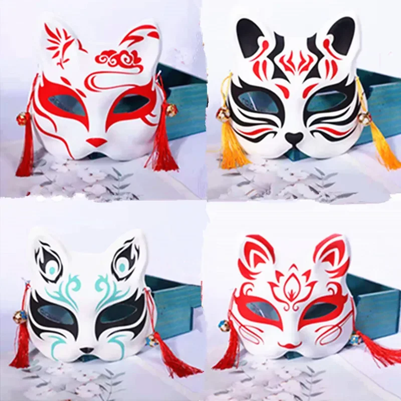 Topeng rubah Jepang Cosplay dilukis tangan Anime Demon Slayer setengah wajah topeng kucing Masquerade Festival pesta alat peraga Cosplay