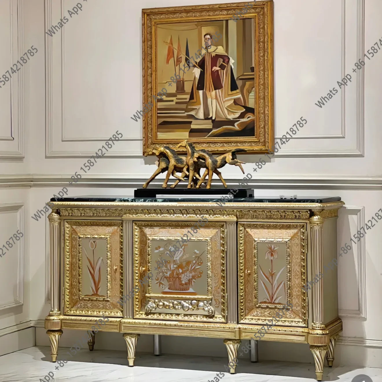 X32 French Art Painted Dining Side Cabinet American Villa Luxury Entrance Cabinet European Solid Wood Carving Flower Shoe Cabine