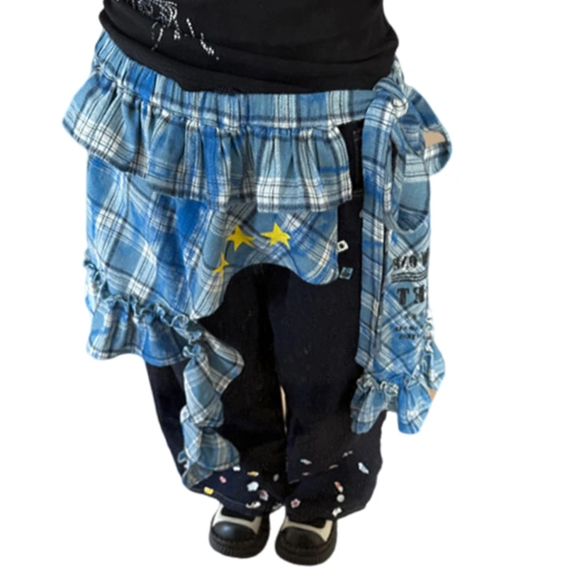 

Women Street Dance Irregular Wrap Skirt Tie Up Checkered Plaids Star Hip Scarf