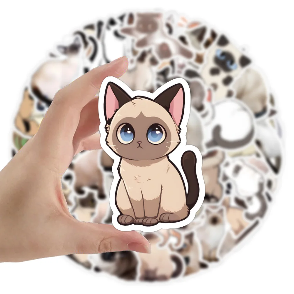 10/53Pcs Cartoon Anime Realistic Siamese Cat Stickers for Laptop Suitcase Album Stationery Waterproof Decals Toys Birthday Gifts