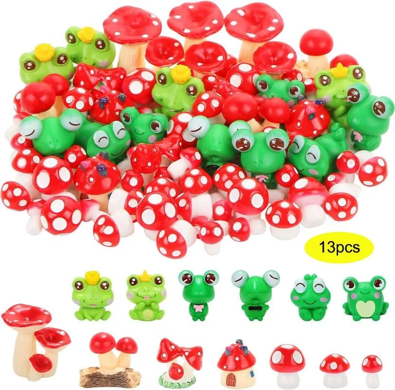 13Pcs Mini Mushrooms Frogs Figurines Miniature for Fairy Garden Moss Landscape Terrarium DIY Craft Resin Mushrooms Frogs Statue