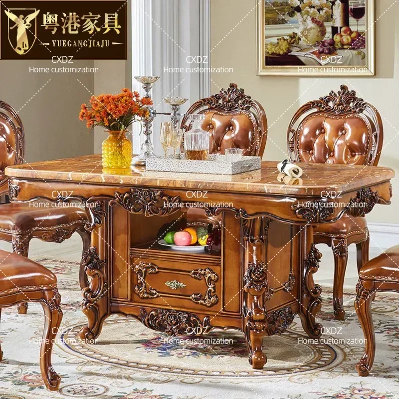 Luxury Rectangular Dining Table with Marble Top and Solid Wood Carved Base European Style High End Furniture for Living Room
