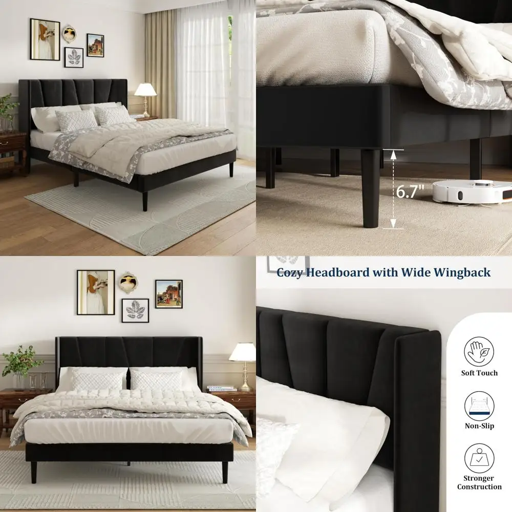 Full Bed Frame with Headboard, Velvet Upholstered Full Size Platform Bed with Wingback, Mattress Foundation with Wooden Slat Sup