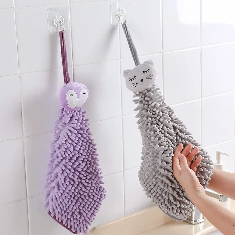 Cartoon Cute Wall-mounted Coral Velvet Hand Towel with Lanyard Strong Absorbent Hand Towels Suitable for Kitchen Bathroom