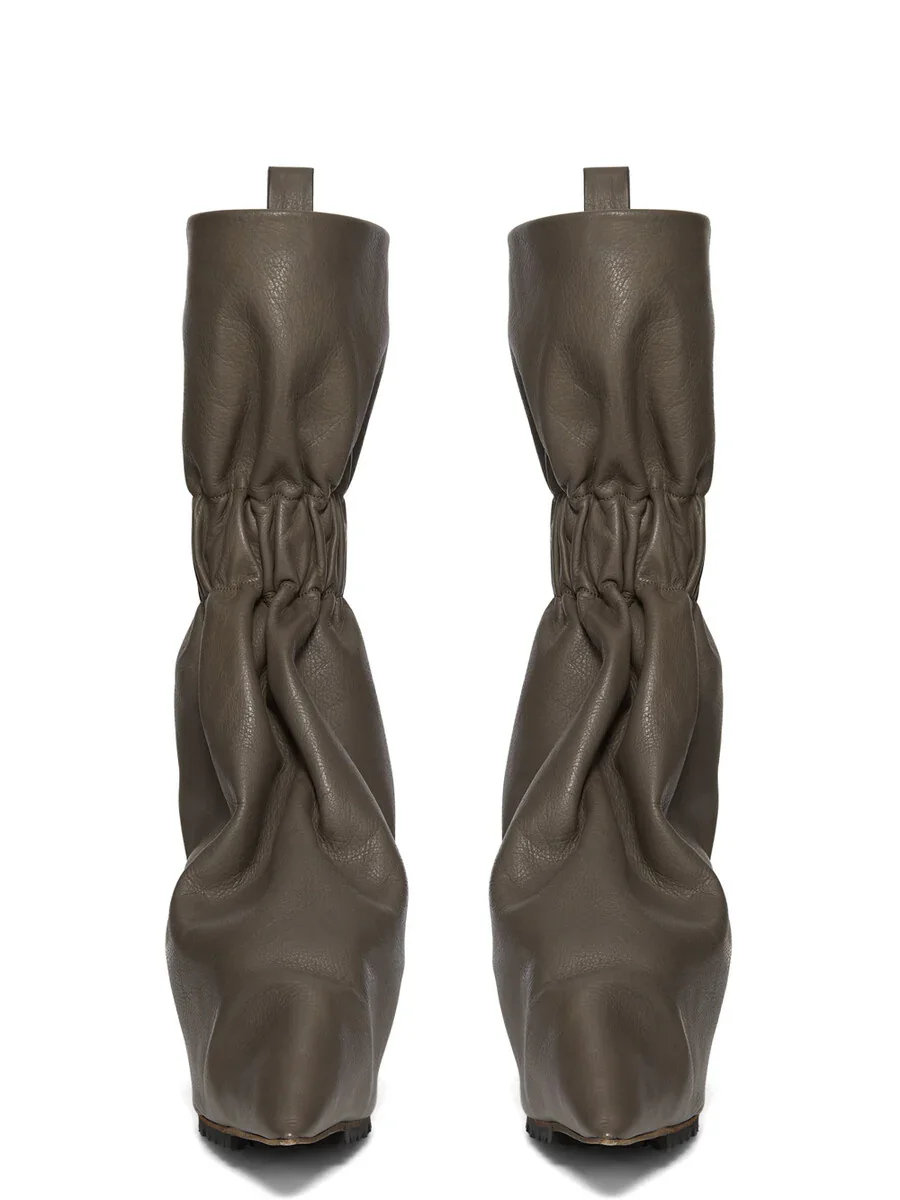 Grey Soft Leather Mid Calf Ankle Boots Pointed Toe Ruched Cinched Shaft Unique Heel Fashion Minimalist Style Women's Boots