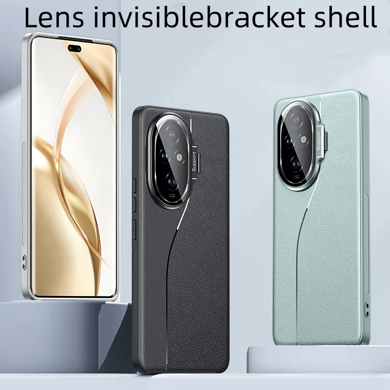 Case For Honor 200 Pro Luxury Lens Invisible Bracket Business Style Leather Cover For Honor200 Pro Shockproof Bumper Funda