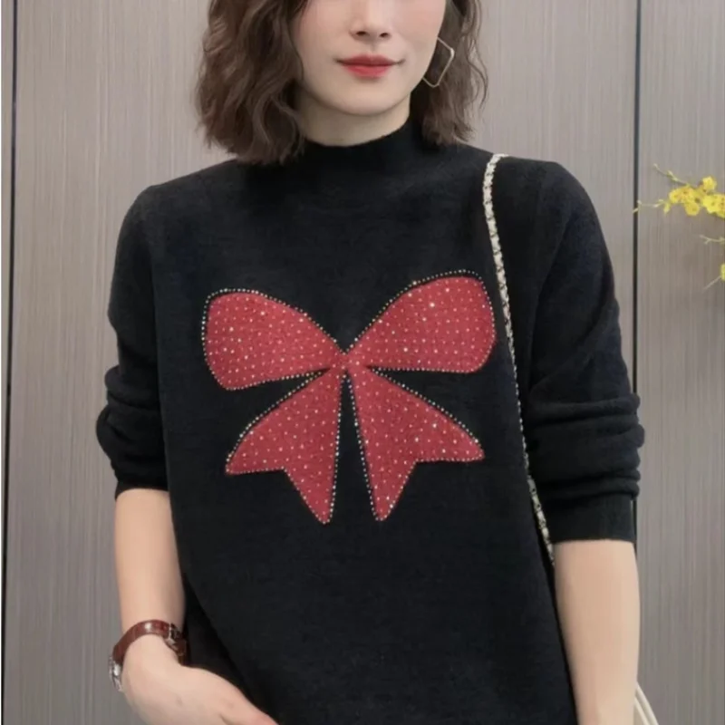 Women Autumn and Winter New Half High Neck Pullover Bottom Fashion Bow Tie Hot Diamond Sweater Casual Versatile Long Sleeve Tops