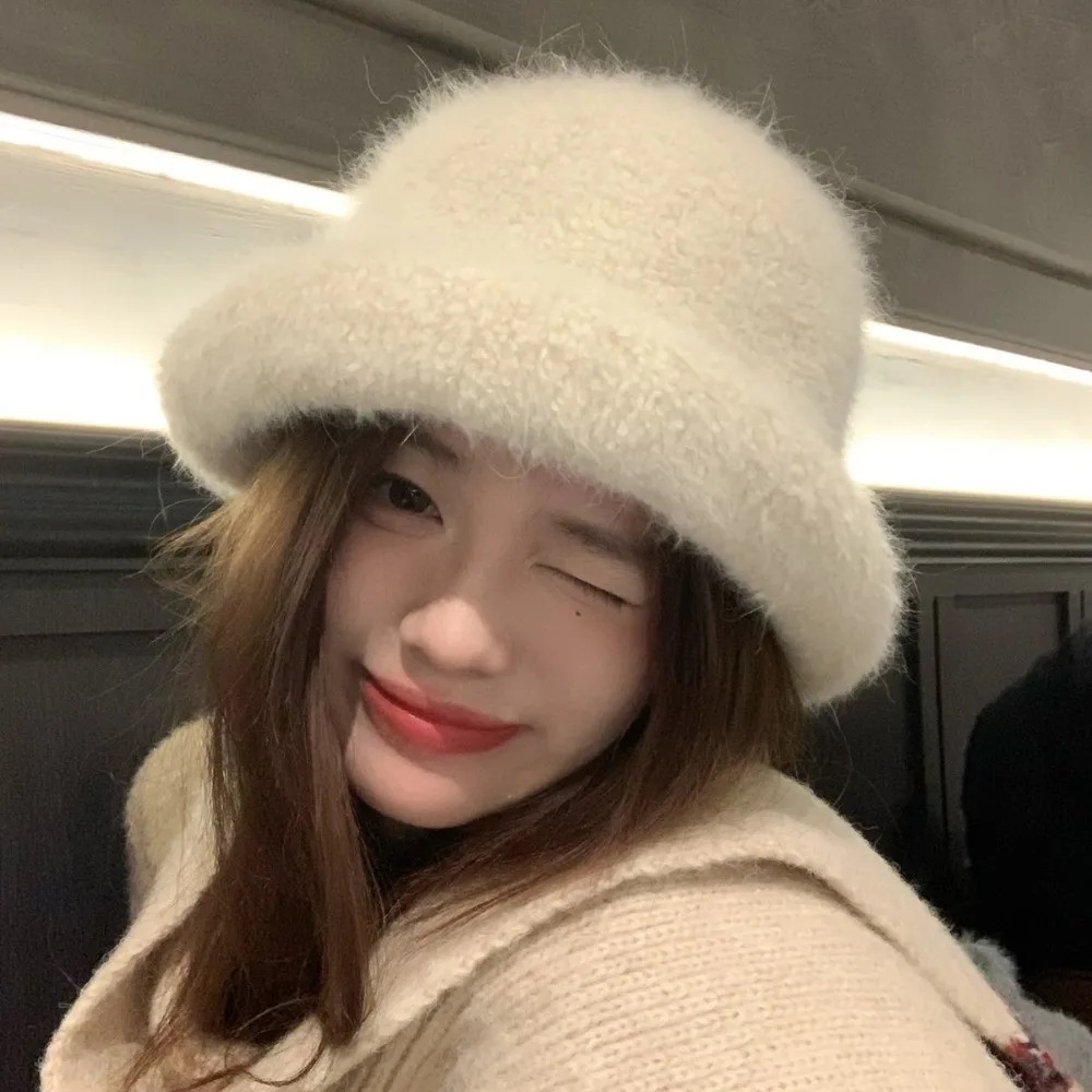 Rabbit Fur Blend Warm Winter Bucket Hat Face Slimming 54cm To 59cm Fuzzy Fisherman Hat Head Circumference Polyester