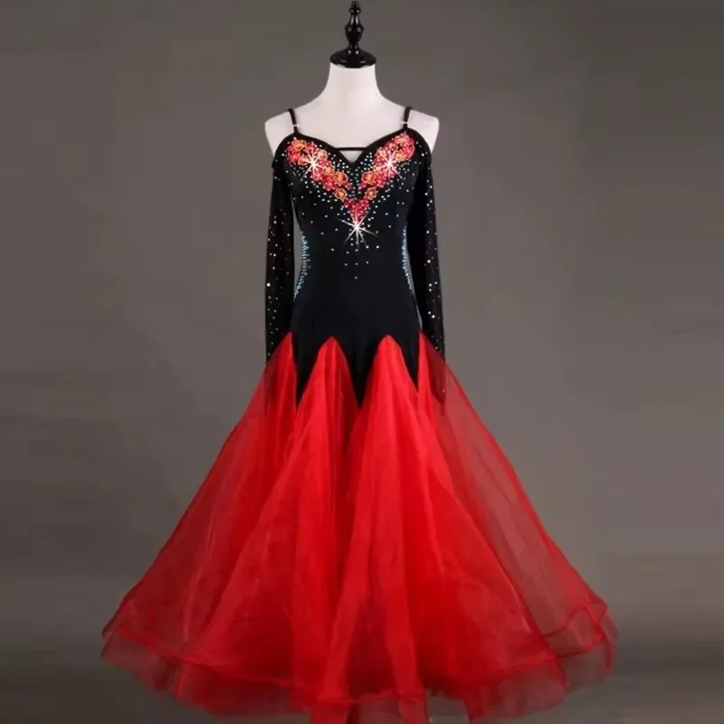 Waltz Ballroom Competition Dance Dress Standard Performance Stage Costumes Woman Evening Gowns Sexy Suspenders Applique