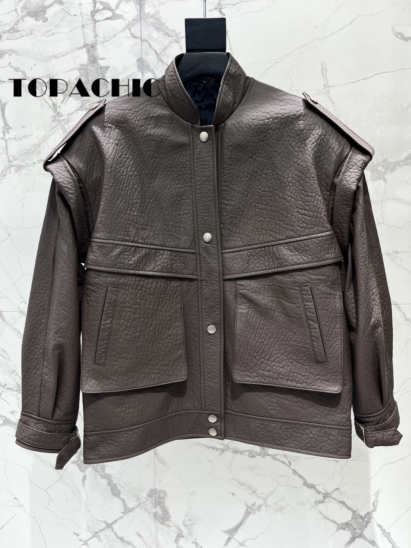 8.6 TOPACHIC Women Street Fashion Vintage Real Leather Jacket Men Women Same Epaulet Big Pocket Design Sheepskin Loose Coat