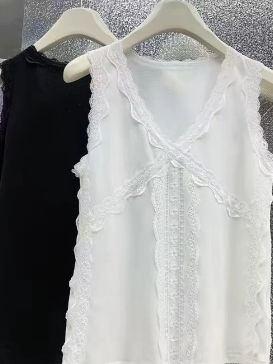

Loose Lace Crop Top Women's Summer New Style V-neck Sleeveless Vest 95% Cotton 5% Spandex Thread Cotton Color Base Layer