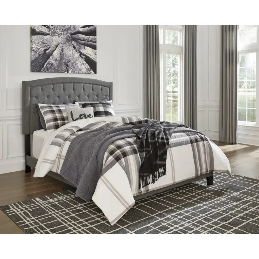 Modern Linen Fiber Upholstered Platform Bed Frame with Padded Headboard, Strong Wooden Slat Support, No Box Spring Required, St