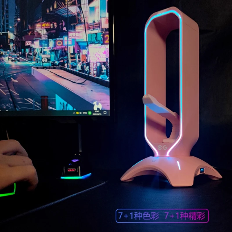 RGB Headset Stand with Mouse Bungee Cord Holder Gaming Headphone Stand with 2 USB Ports Over-Ear Headset Holder for Desk Display view 3