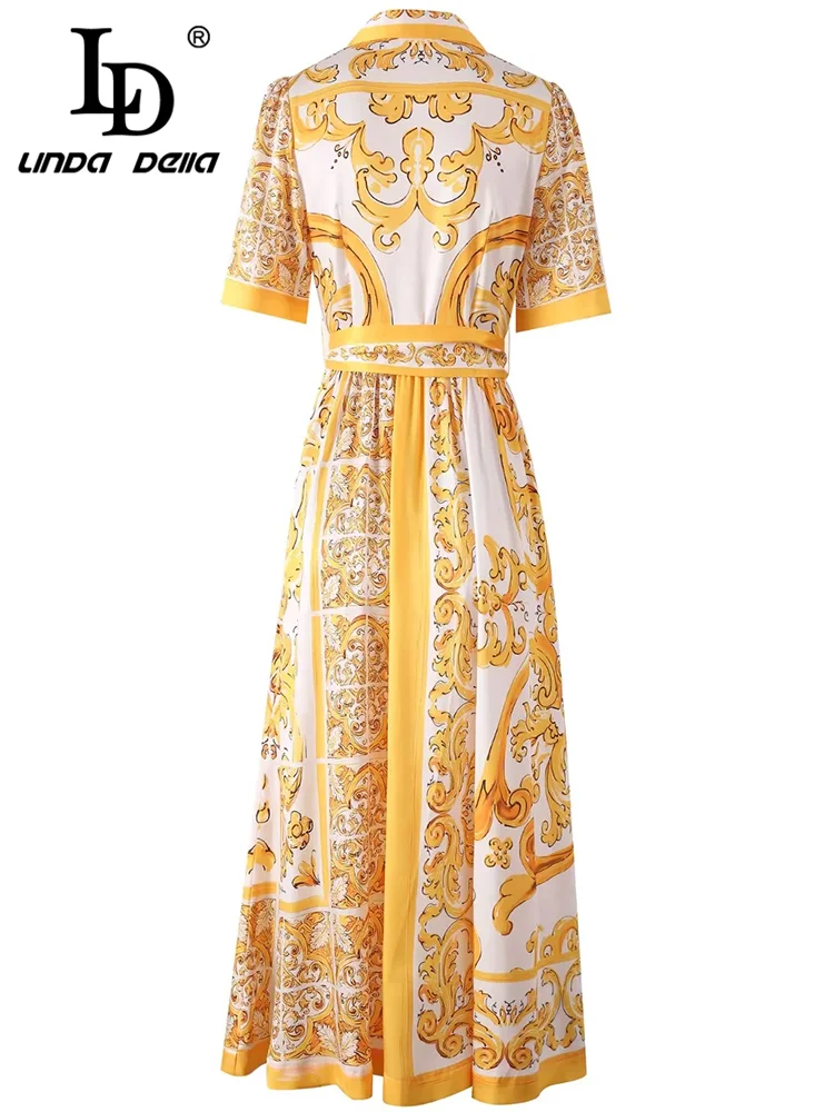 LD LINDA DELLA 2024 Summer Fashion Dress Women Vintage Temperament Turn-down Collar Single Breasted Lace Up Sashes Dresses