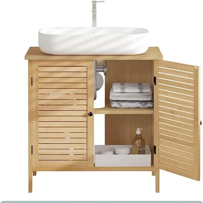 Bamboo Bathroom Cabinet with 2 Door Under Sink Locker Bathroom Bedroom Simple Two Layer Storage Cabinet