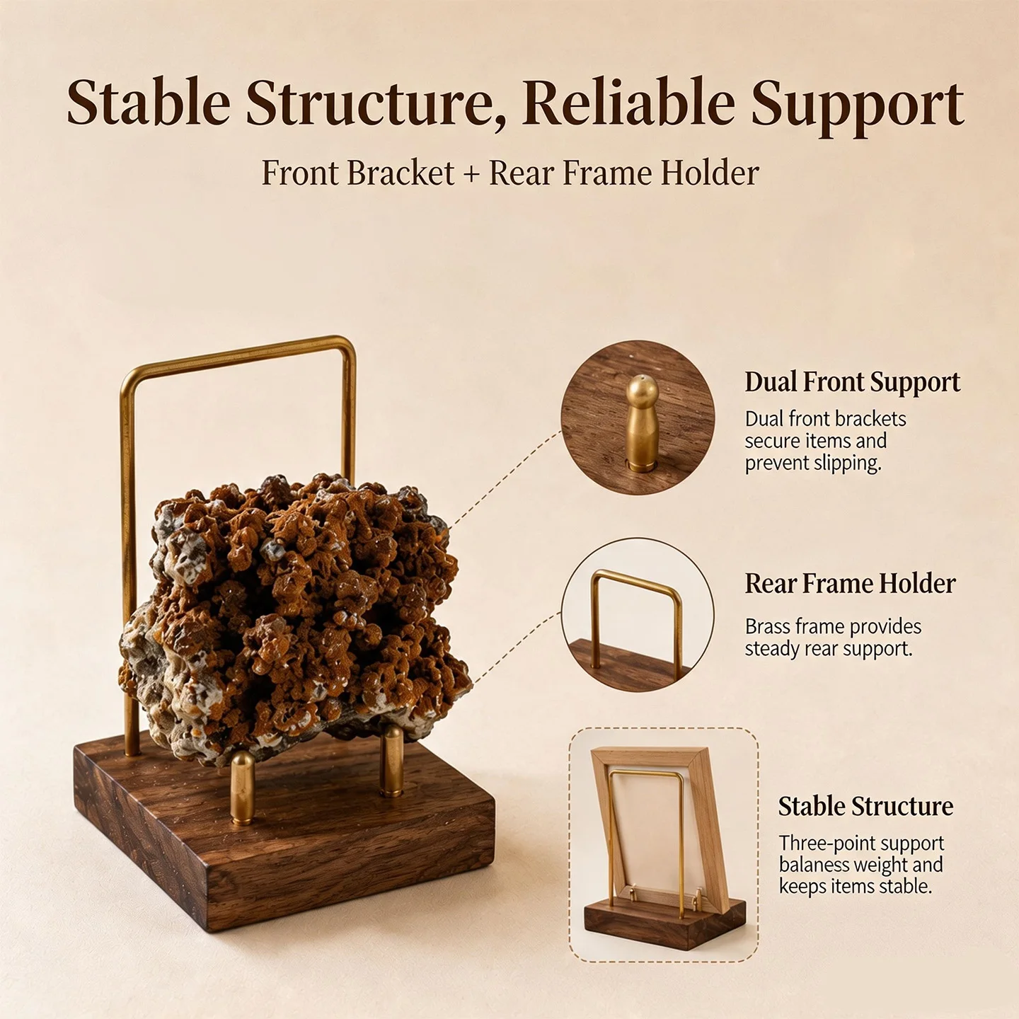 Mineral crystal framed mobile phone/tablet display stand with brass or walnut wood door frame base