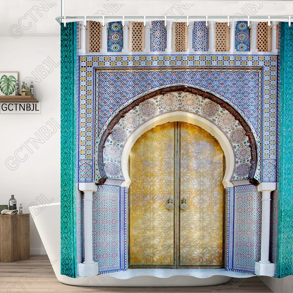 Moroccan Yellow Antique Arched Doors Shower Curtains Old Vintage Wooden Door Bathroom Waterproof Fabric Bath Curtains With Hooks