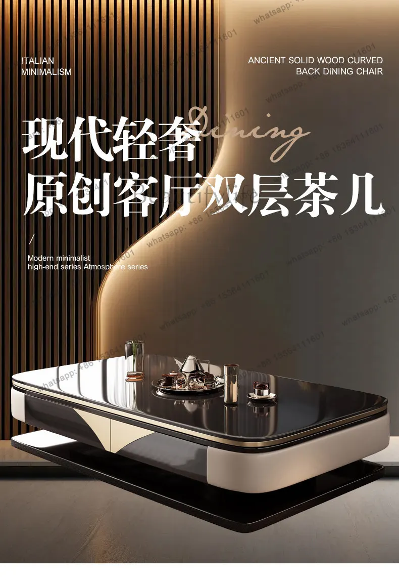 YJ Italian Luxury Living Room Double Layer Coffee Table Microcrystalline Stone Solid Wood Large House Modern High 55cm