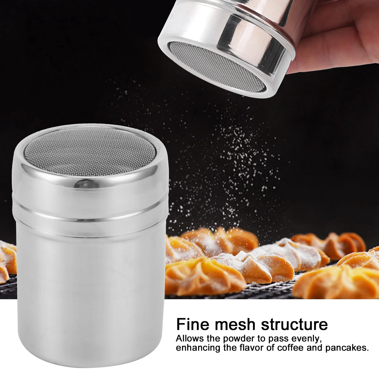 

1 шт., шейкер для порошка с мелкой сеткой из нержавеющей стали, многофункциональный сито для шоколадного кофе с крышкой, идеально подходит для выпечки кофе, художественного десерта