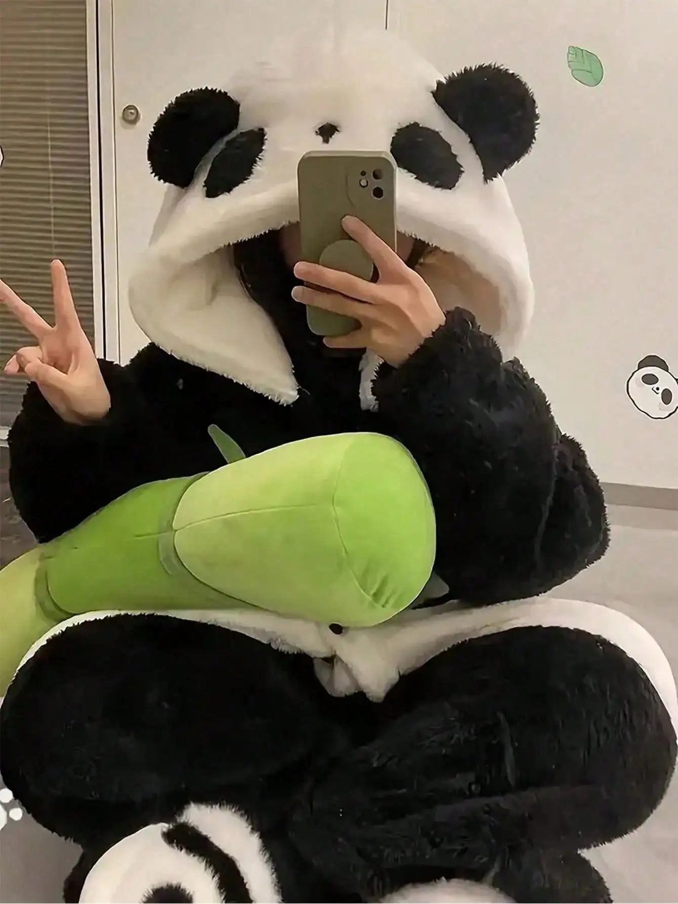 Cute Panda Pajamas For Women Plush Hooded Nightgown With Cat Paw Pockets Warm Thick Button-Up Bathrobe Soft Loungewear For Autumn Winter Home Sleepwea
