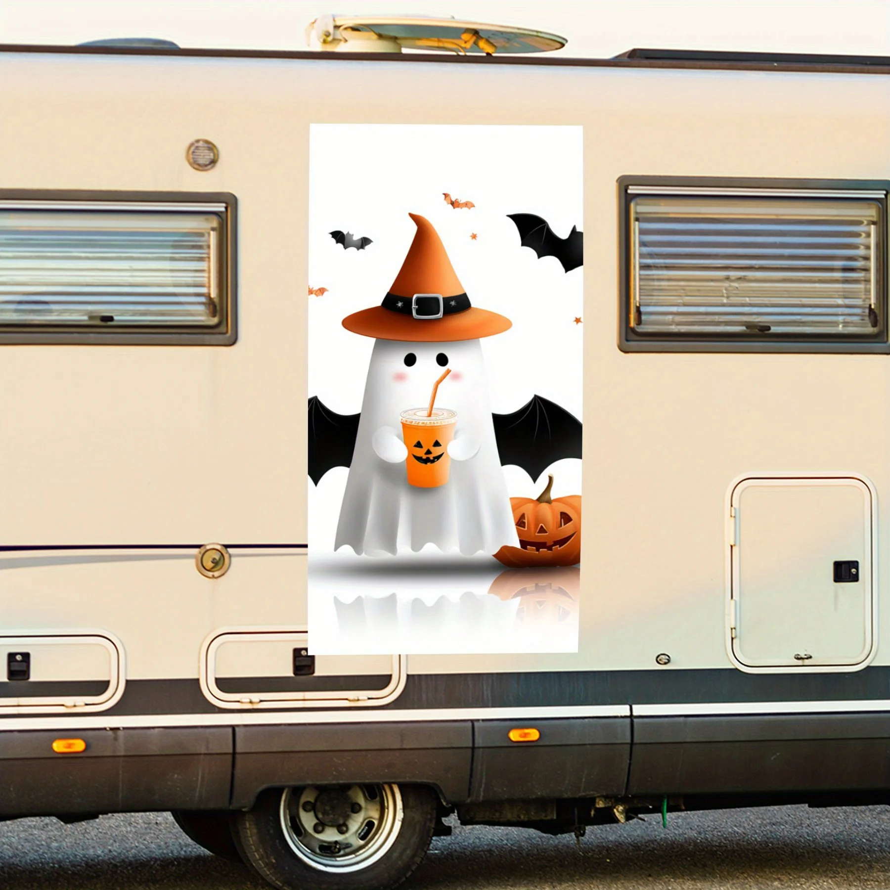 

Милый призрак с шляпой ведьмы и тыквой, водонепроницаемая виниловая наклейка для стороны автофургона, самоклеящиеся наклейки для украшения и защиты тела автофургона