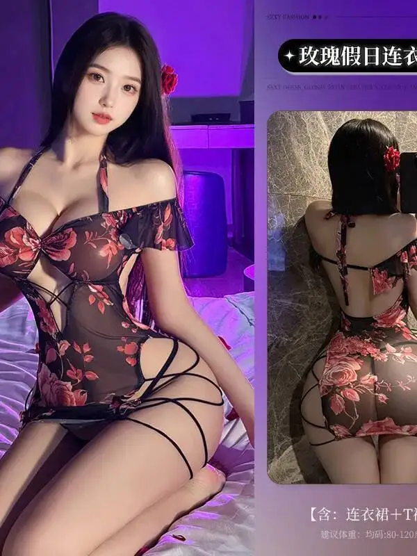Sexy vrouwen Jurk Elegante See-through Hollow Out Bodycon Jurk Rose Print Tie Slaap Jurk T-shirts Mini jurk Tops 7VFB