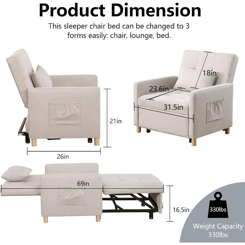 Convertible Sleeper Chair,Pull-Out Sofa Bed with Adjustable Backrest, Multi-Functional Lounge Chair for Living Room, Space-Savin