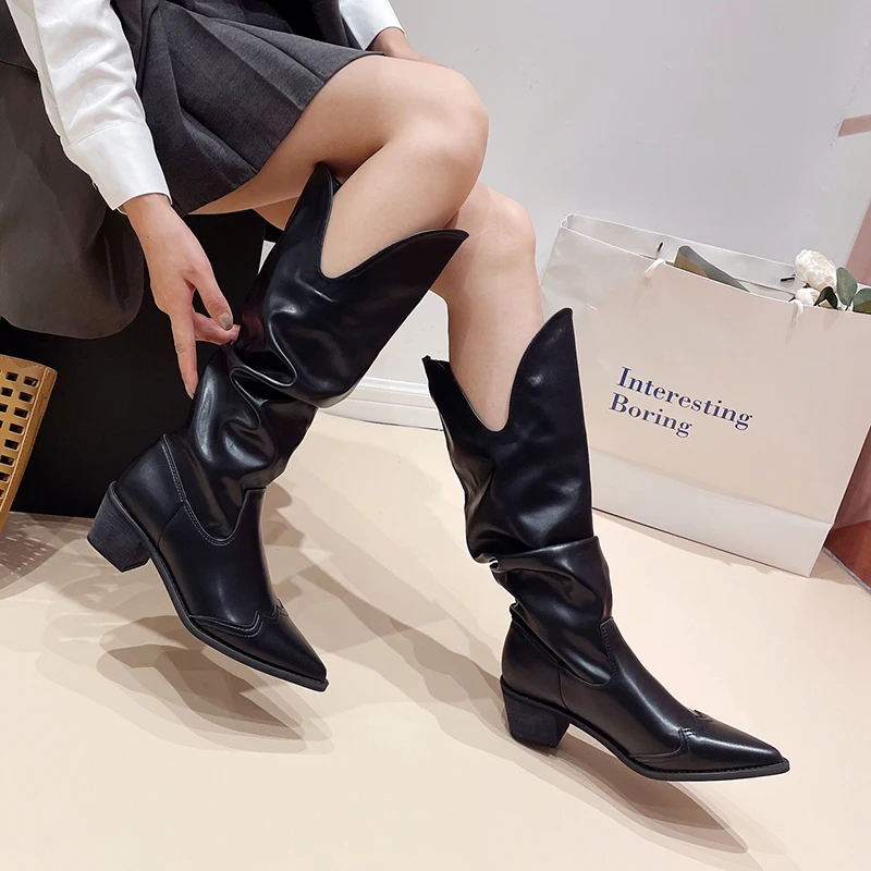 

Cowboy Black Cowgirl Boots For Women 2024 Fashion Zip Embroidered Pointed Toe Chunky Heels Mid Calf Western Boots Shinny Shoes