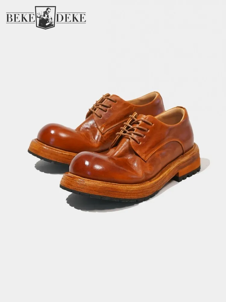 

Versatile Men Womens Retro Round Toe Horsehide Genuine Leather Dress Shoes Lace Up Office Comfortable Business Casual Work Shoes
