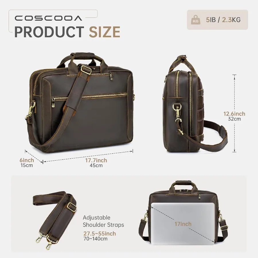 حقيبة ظهر كبيرة من الجلد المحبب بالكامل قابلة للتحويل للرجال حقيبة سفر للأعمال حقيبة ساعي تناسب كمبيوتر محمول مقاس 17.3 بوصة #3