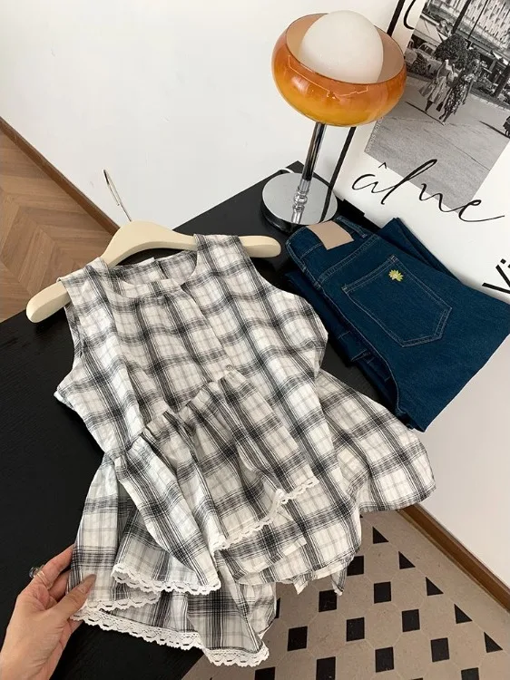 

White Plaid Lace Svel Loose Summer irt Women's Faionable Versatile Unconal Top Trendy Sweet Sle Cotton Blend