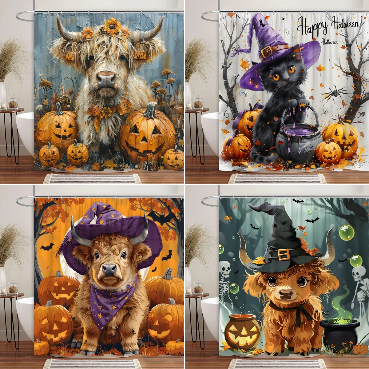 Funny Halloween Animal Shower Curtain Highland Cow Pet Cat Dog Farm Pumpkin Skull Bat Polyester Fabric Bathroom Decor Curtains