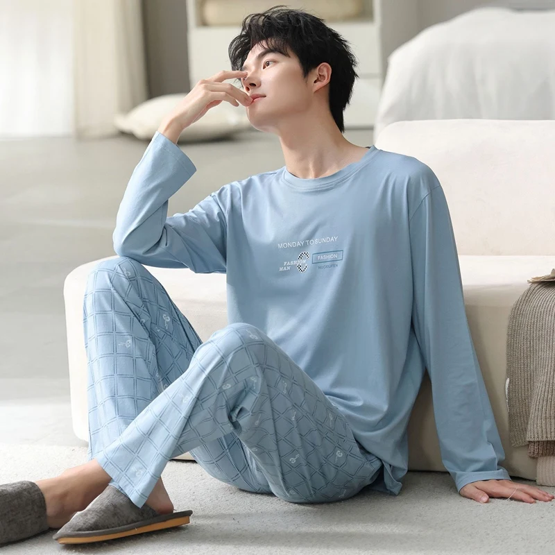 2026 Spring Plus Size Long Sleeve Cotton Pajama Sets for Men Korean Loose Sleepwear Pyjama Male Loungewear Homewear Home Clothes
