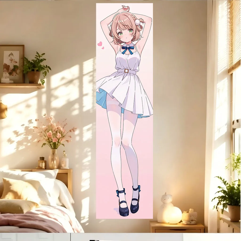 Kawaii Sweet Anime Girl Vertical Tapestry Short Hair White Dress Blue Bow Pink Heart Manga Aesthetic Wall Hanging Dorm Bedroom
