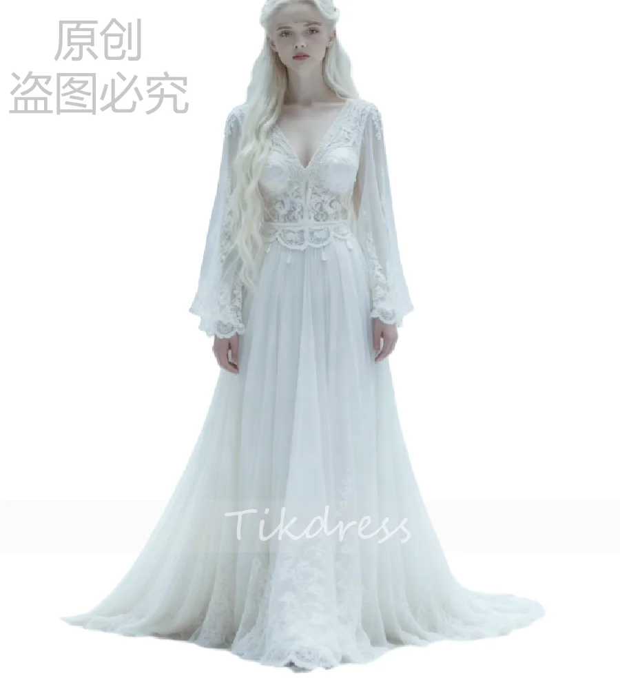 Enchanting Winter Elf Queen Wedding Dress 2026 Long Sleeve Fairytale Elven Sorceress Bridal Dress Backless Bohemian Viking Gown