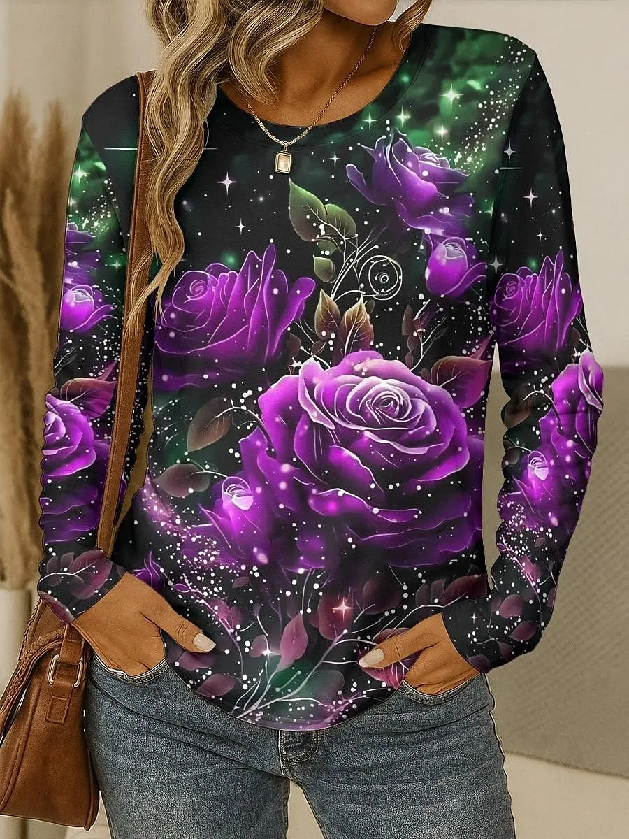 

Women's T-shirt 3D Elegant Rose Floral Print Fashion Long Sleeve Round Neck Regular Top Holiday Weekend Spring Autumn