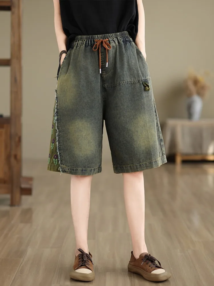 

Retro Distressed Color Block Denim Shorts Women's Summer Loose Casual Five-Point Pants Versatile Embroidered Floral Wide Leg ...