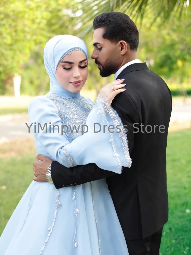 Moslim trouwjurken met hoge hals lange mouwen sweep trein een lijn kralen chiffon hijab tuin bruid bruidsjurken op maat