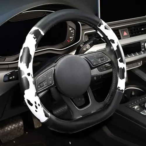 

ZHOL Cow Print D-Shaped Steering Wheel Cover - Microfiber Leather 14.5-15in