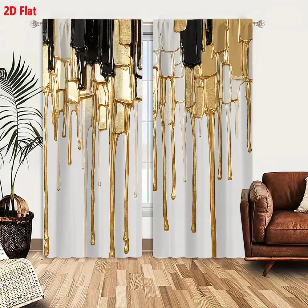 2Pcs Curtains 2D Flat Abstract Liquid Drips In Metallic Gold Glossy Black And Translucent White Against Light Gray Background Wi