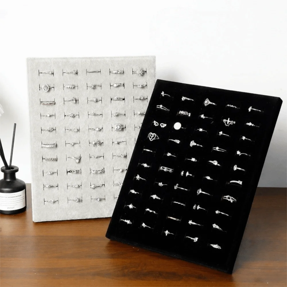 L-shaped Velvet Ring Display Stand Vertical Freestanding Earring Ring Holder 50-slots Jewelry Display Board